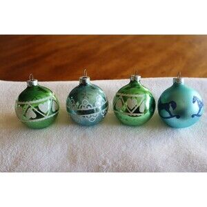 Lot 4x Vtg Shiny Brite Glass Christmas Ornament Green Blue Mica 2.25" Rocking Ho